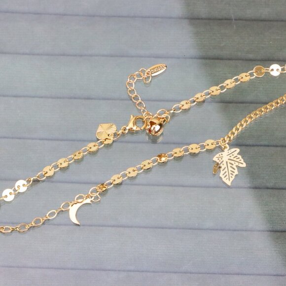 "Rose Gold Leaf Charm Anklet with Moon Pendant, XPAL1184 - Picture 5 of 12